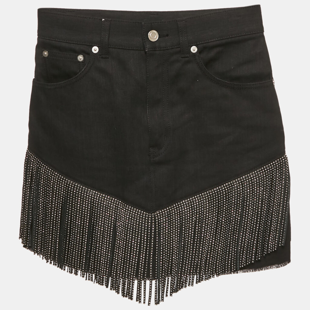 Saint Laurent Black Studded Leather Fringe Trim Denim Skirt S Waist 27" Saint Laurent Black Studded Leather Fringe Trim Denim Skirt S Waist 27"
