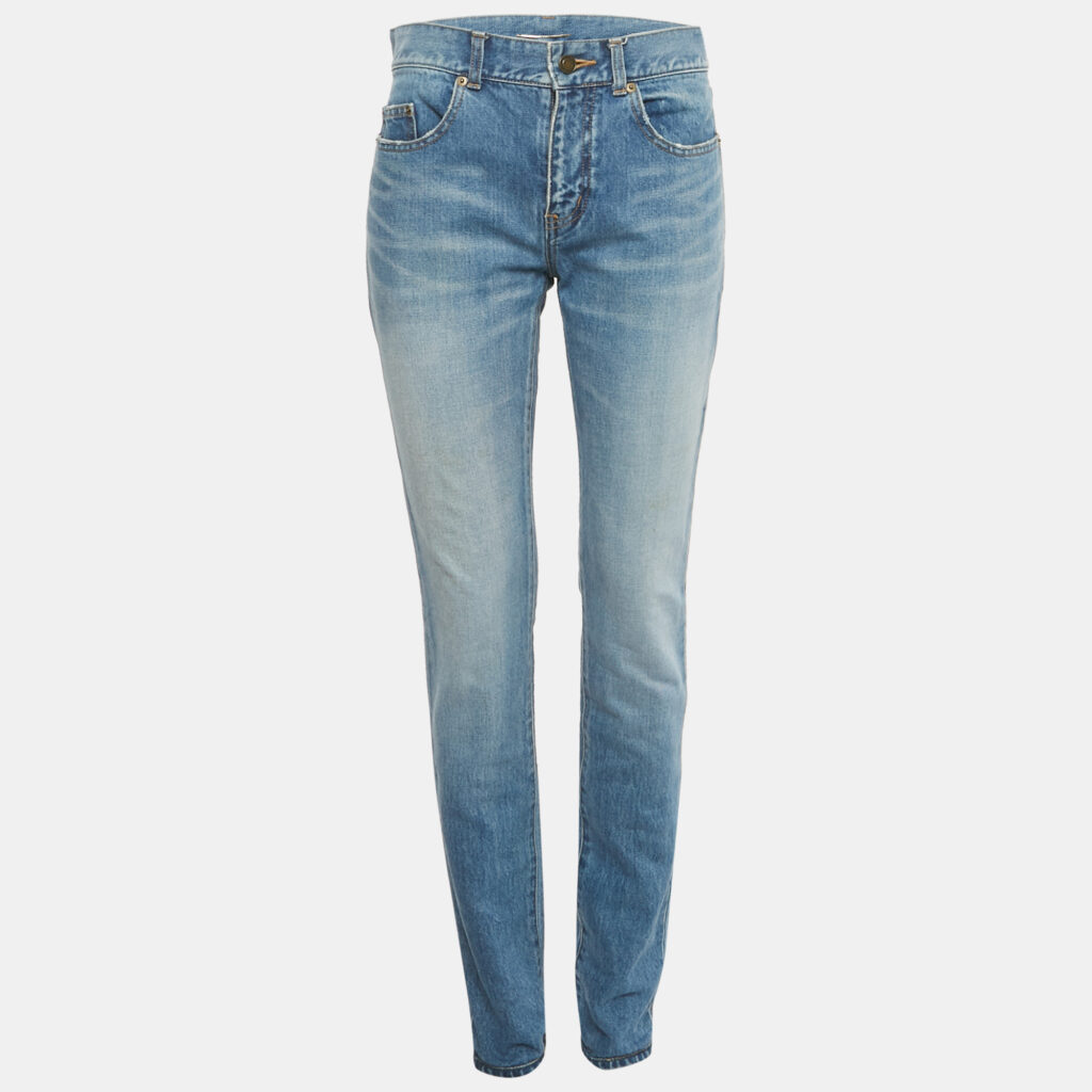Saint Laurent Blue Faded Denim Embroidered Skinny Jeans M Waist 30"