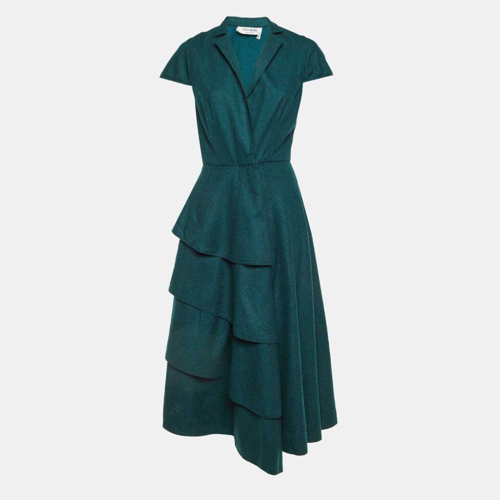 Saint Laurent Paris Dark Green Wool Tiered Midi Dress M Saint Laurent Paris Dark Green Wool Tiered Midi Dress M