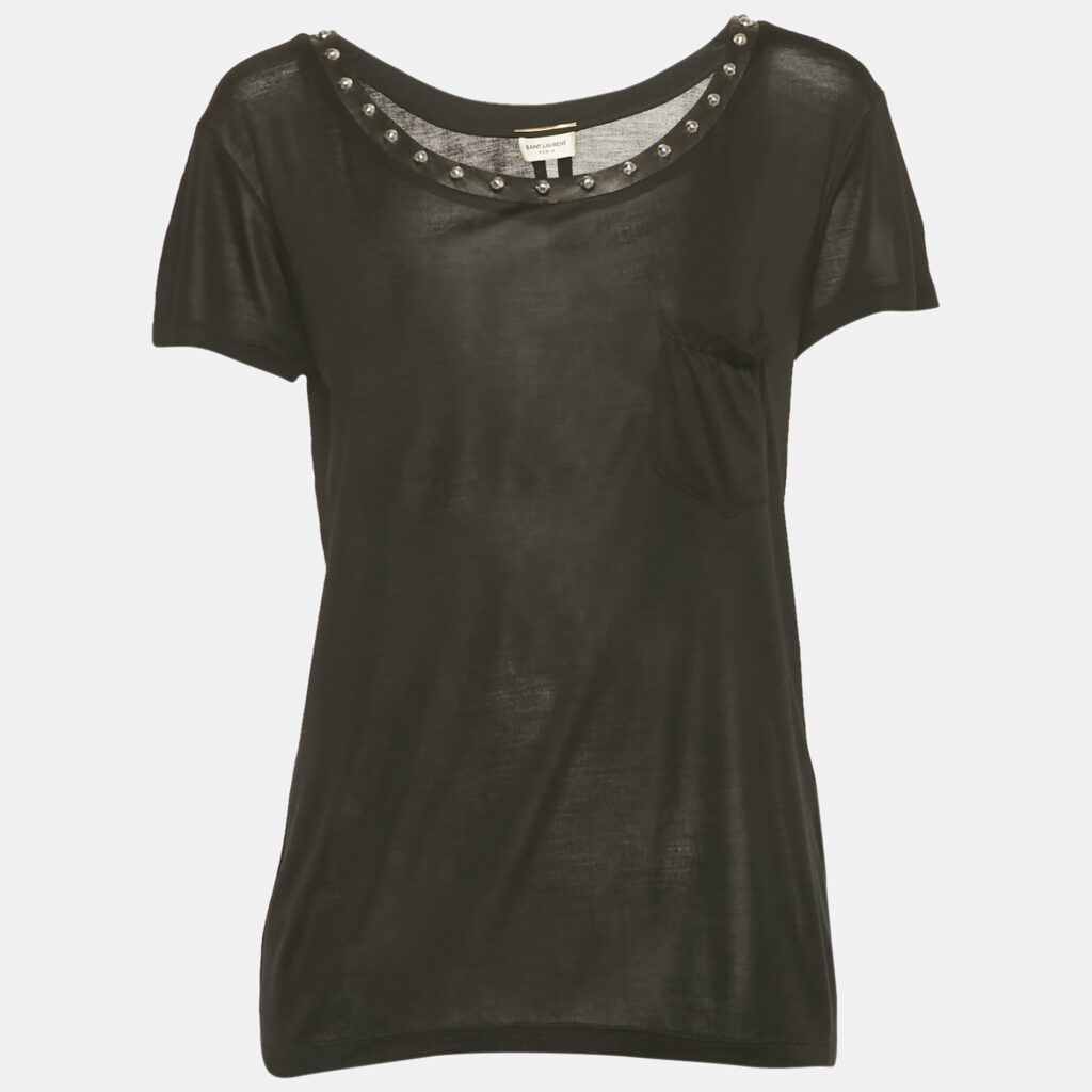 Saint Laurent Paris Black Stud Silk Knit T-Shirt S