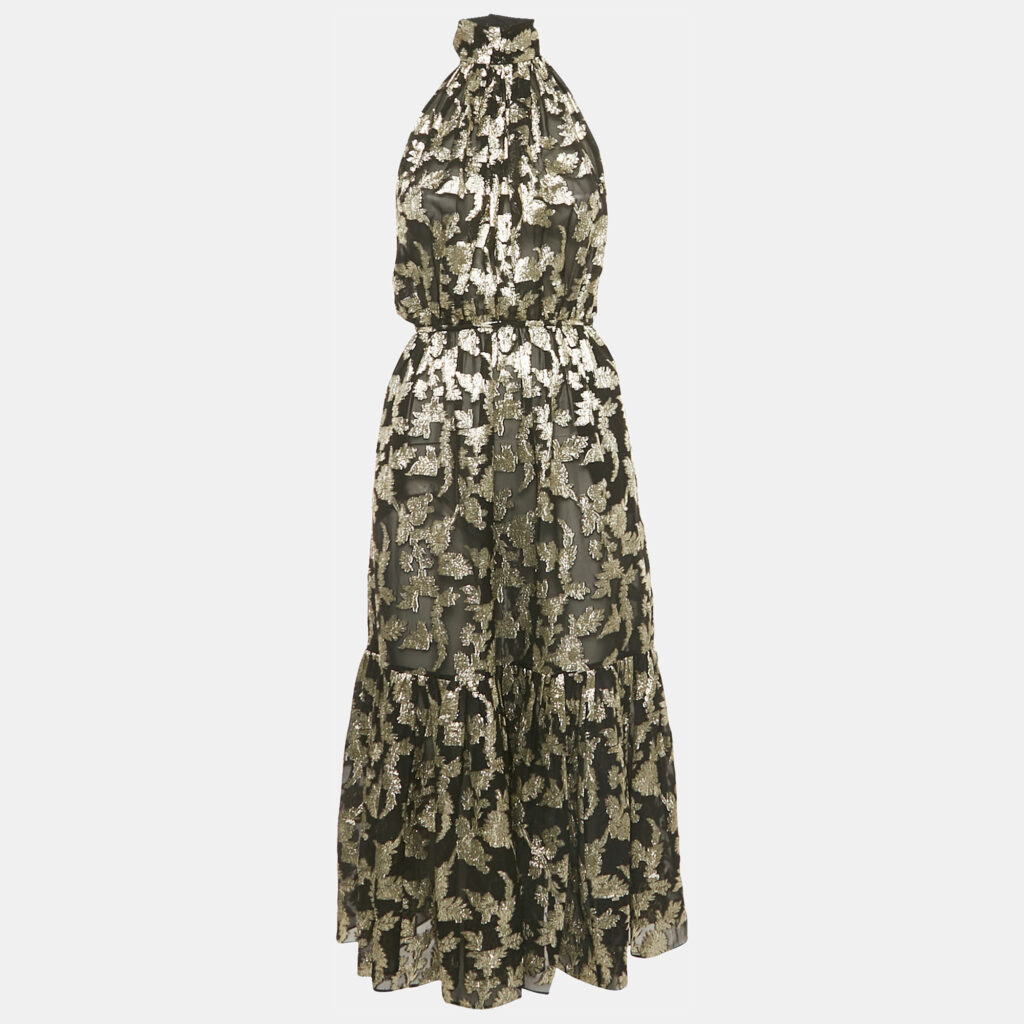 Saint Laurent Paris Black /Gold Fil Coupe Silk Halter Neck Midi Dress S Saint Laurent Paris Black /Gold Fil Coupe Silk Halter Neck Midi Dress S