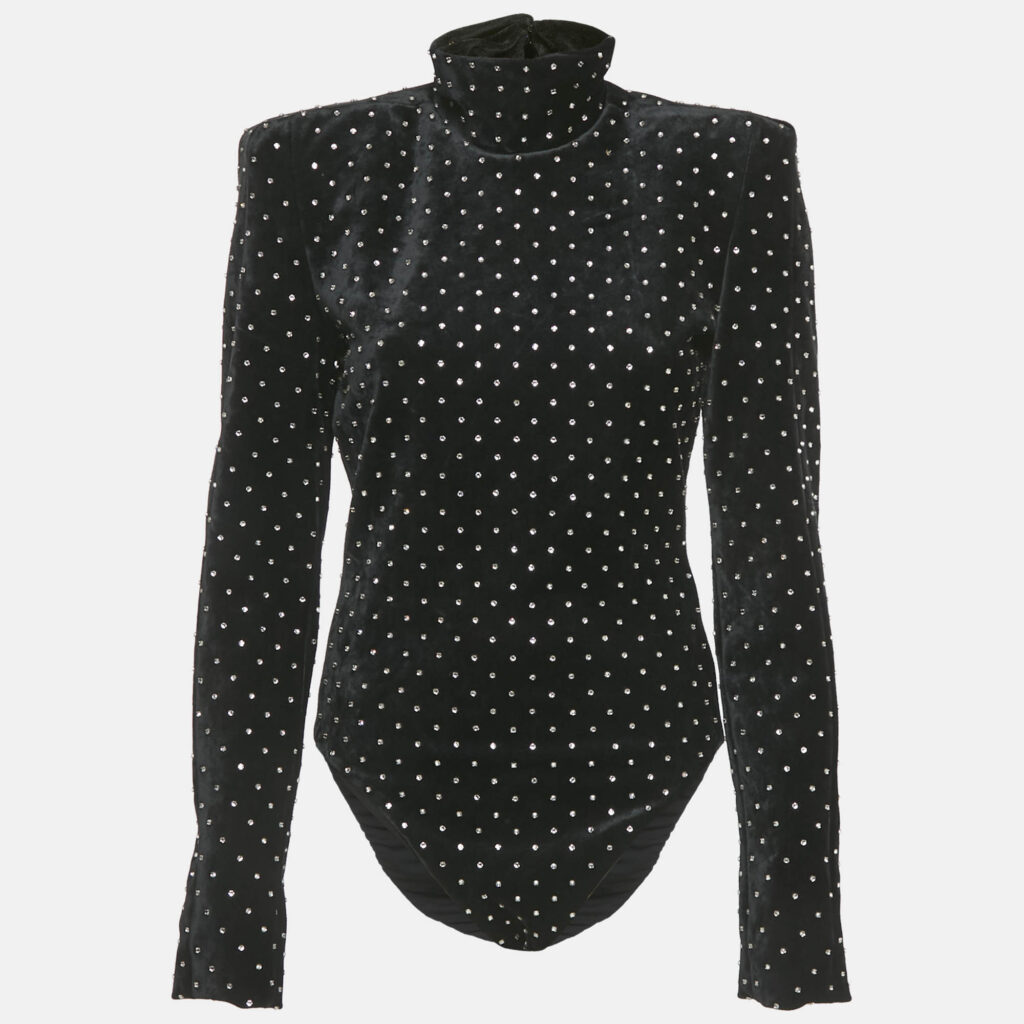 Saint Laurent Paris Black Crystal Embellished Velvet Turtleneck Bodysuit M