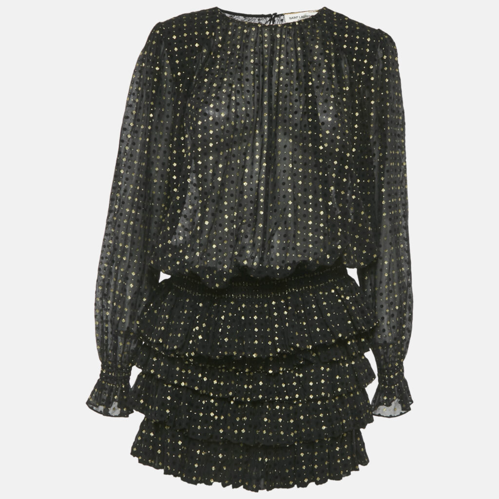 Saint Laurent Black Glitter Chiffon Sheer Ruffled Flocked Mini Dress M