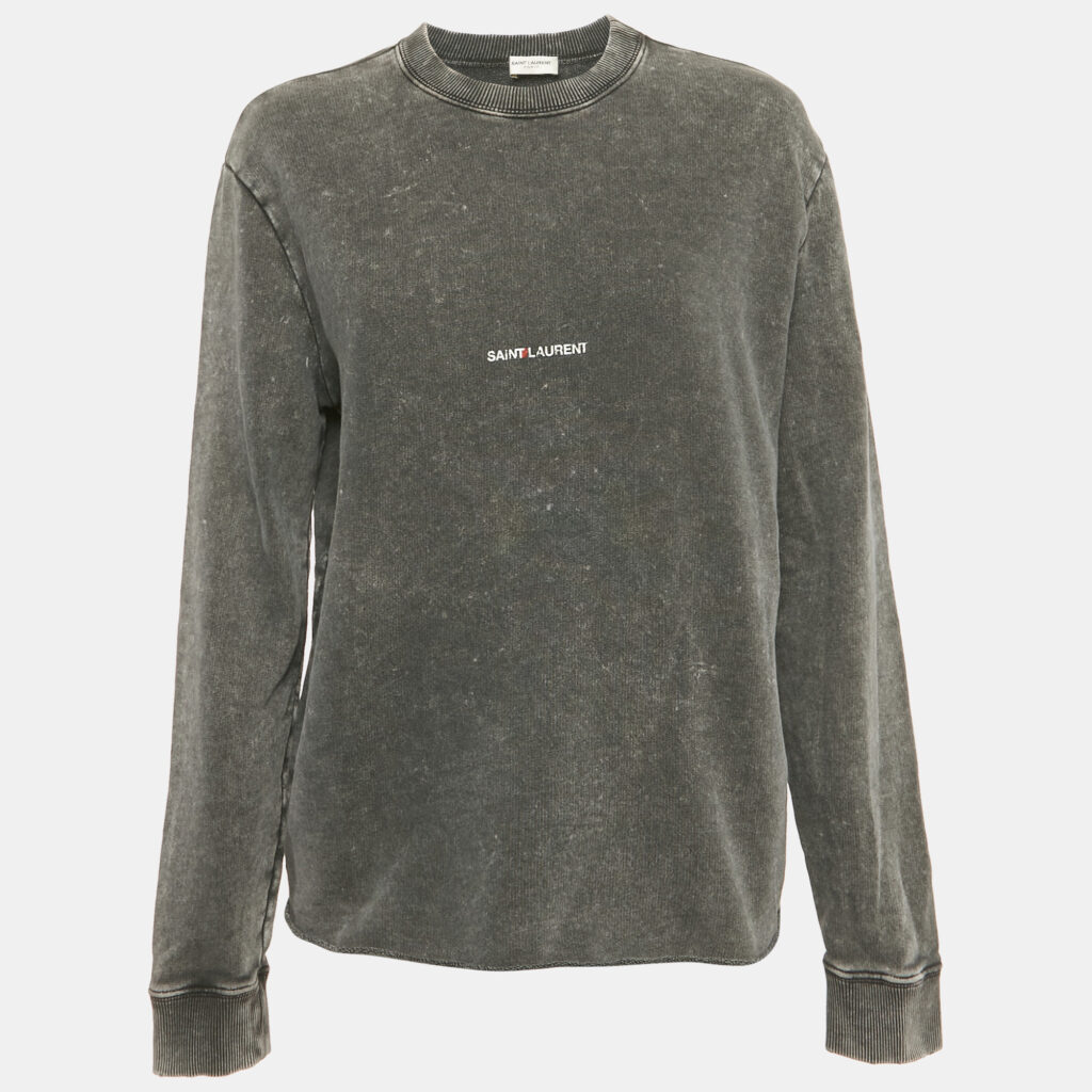 luxury-women-saint-laurent-paris-used-clothes-p1222599-003.jpg Saint Laurent Faded Grey Logo Print Cotton Distressed Sweatshirt S