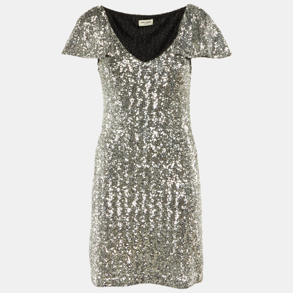 Saint Laurent Paris Silver Sequined Knee Length Dress S