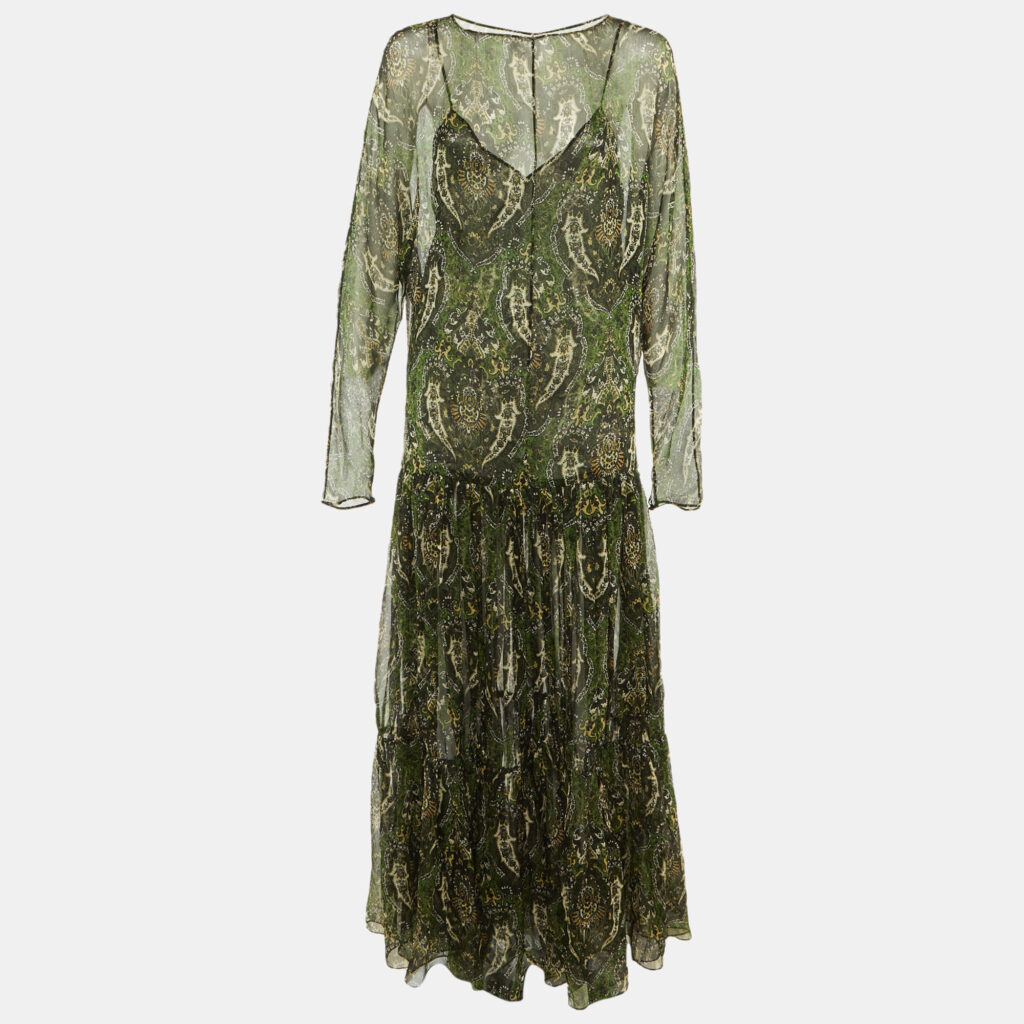 Saint Laurent Paris Green Paisley Print Silk Sheer Maxi Dress M Saint Laurent Paris Green Paisley Print Silk Sheer Maxi Dress M