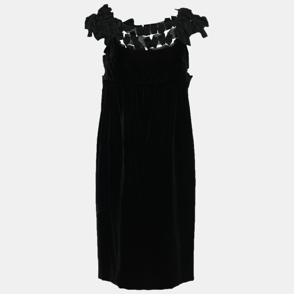 luxury-women-saint-laurent-paris-used-clothes-p633646-002.jpg Yves Saint Laurent Black Velvet Bow Applique Midi Dress M