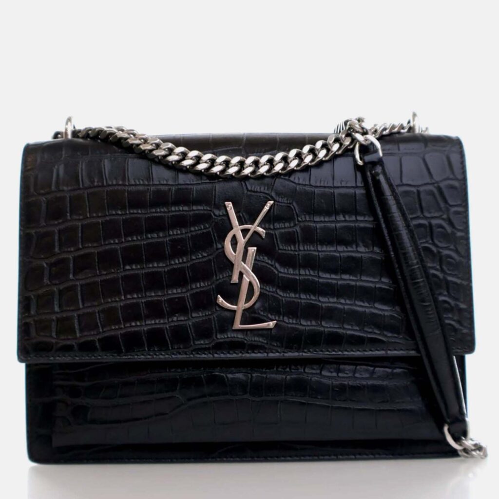 Saint Laurent Paris Sunset Medium Black Calfskin Embossed Flap Bag Saint Laurent Paris Sunset Medium Black Calfskin Embossed Flap Bag