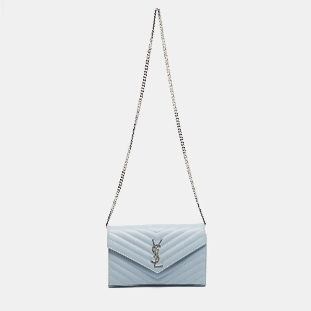 Saint Laurent Blue Matelassé Leather Cassandre Wallet on Chain Saint Laurent Blue Matelassé Leather Cassandre Wallet on Chain