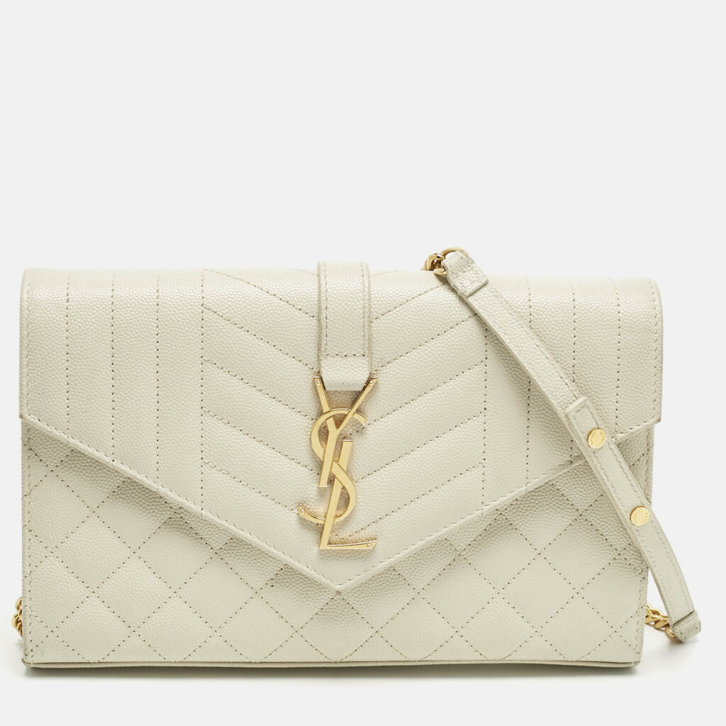 Saint Laurent White Mixed Quilted Leather Envelope Monogram Chain Bag Saint Laurent White Mixed Quilted Leather Envelope Monogram Chain Bag