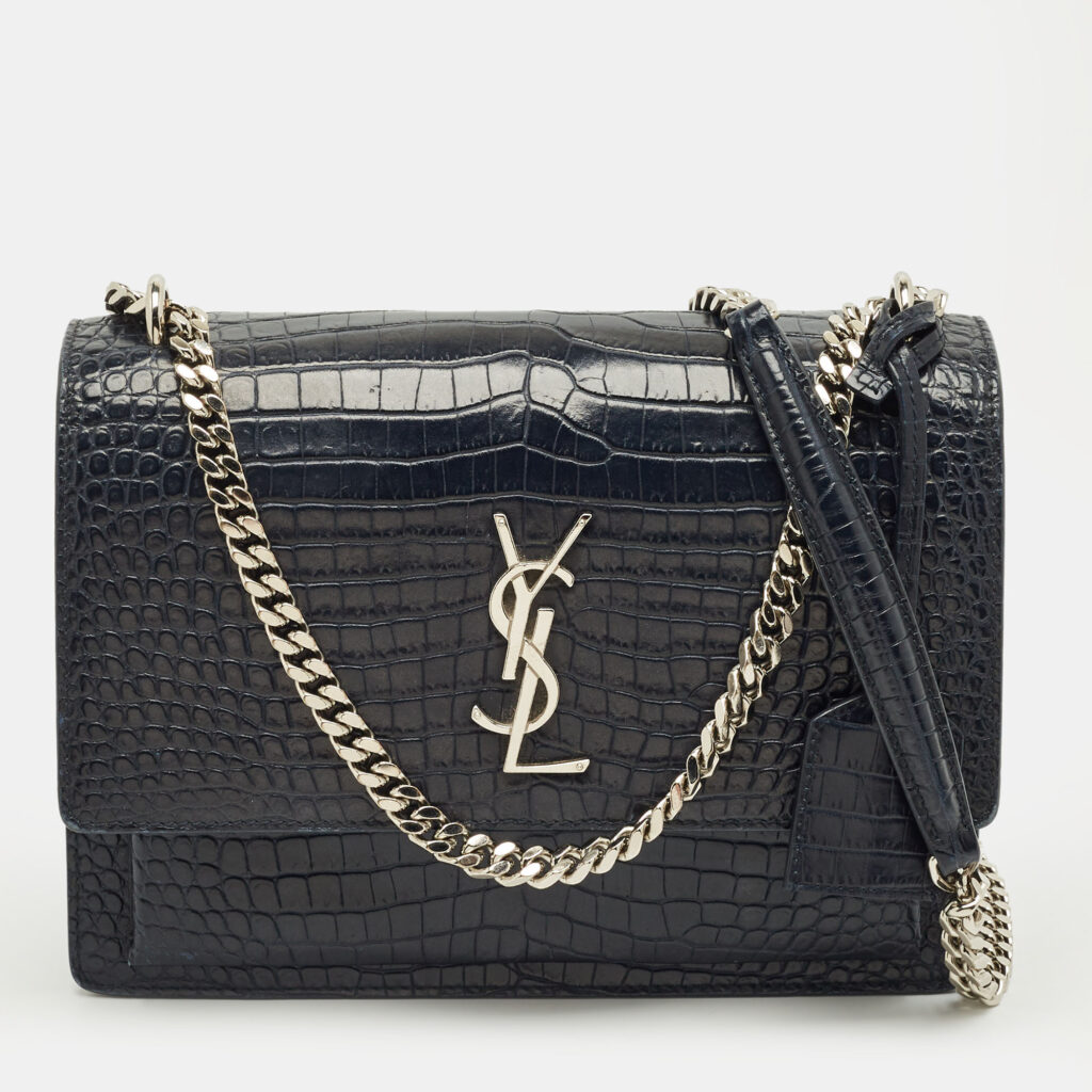 Saint Laurent Navy Blue Croc Embossed Leather Medium Sunset Shoulder Bag Saint Laurent Navy Blue Croc Embossed Leather Medium Sunset Shoulder Bag