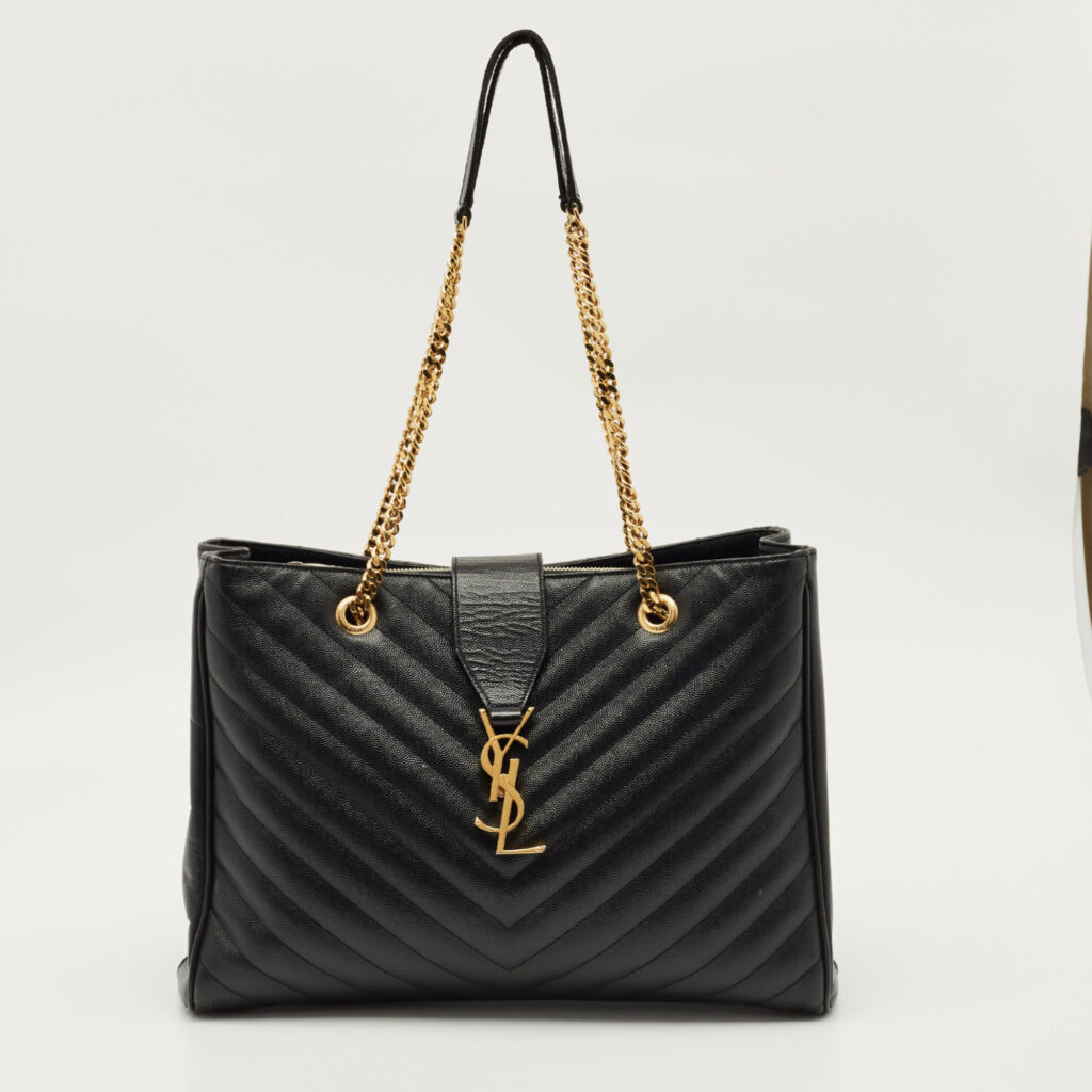Saint Laurent Black Matelasse Leather Cassandre Shopper Tote