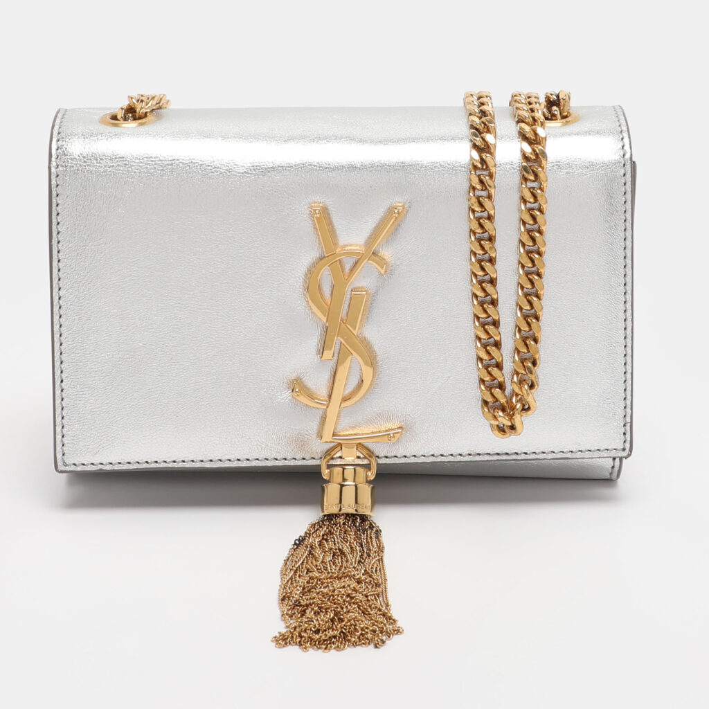 luxury-women-saint-laurent-paris-used-handbags-p1225456-020-1.jpg Saint Laurent Paris Silver Metallic Leather Small Kate Shoulder Bag