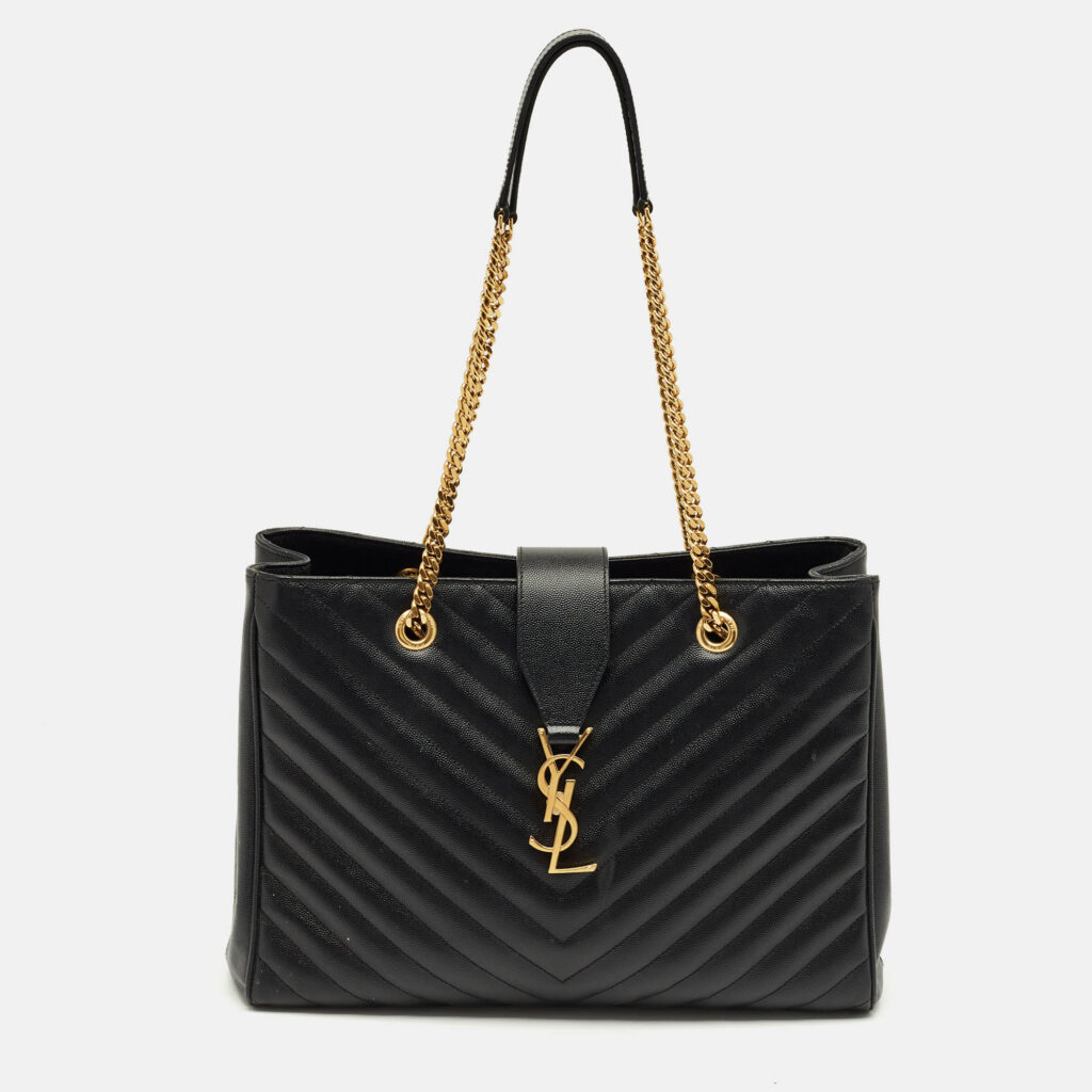 Saint Laurent Black Matelassé Leather Cassandre Shopper Tote