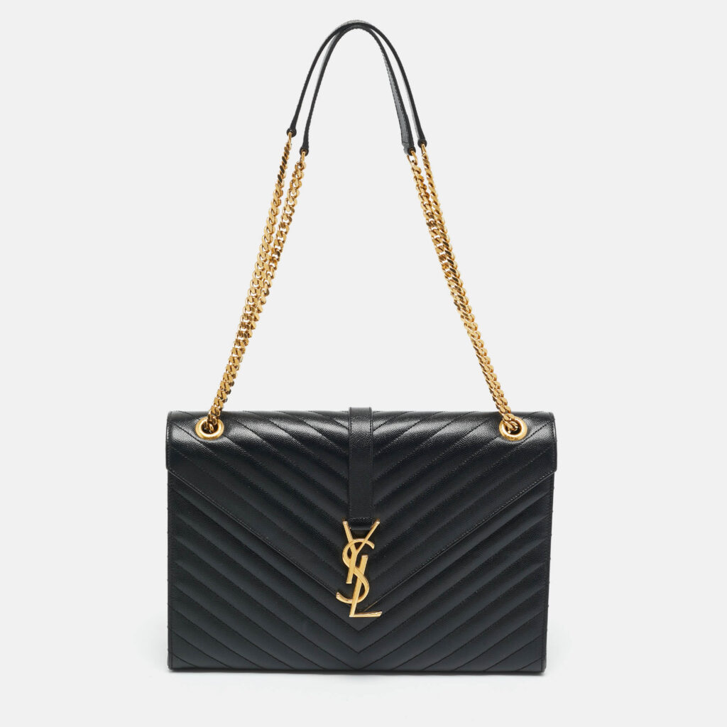 Saint Laurent Black Chevron Leather Large Monogram Envelope Shoulder Bag