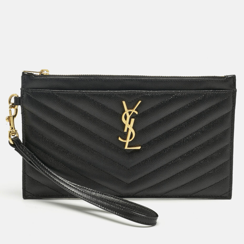 Saint Laurent Black Matelassé Leather Monogram Wristlet Pouch
