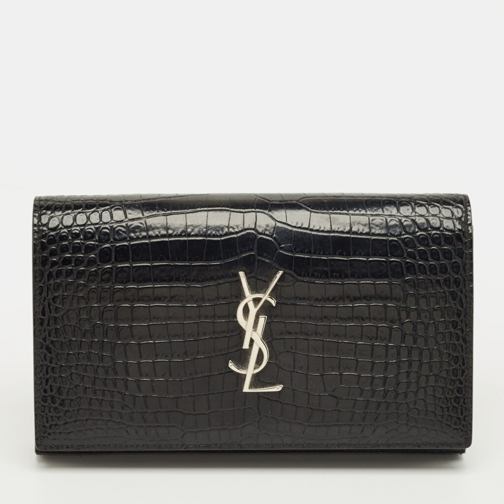 Saint Laurent Black Croc Embossed Leather Kate Clutch Saint Laurent Black Croc Embossed Leather Kate Clutch