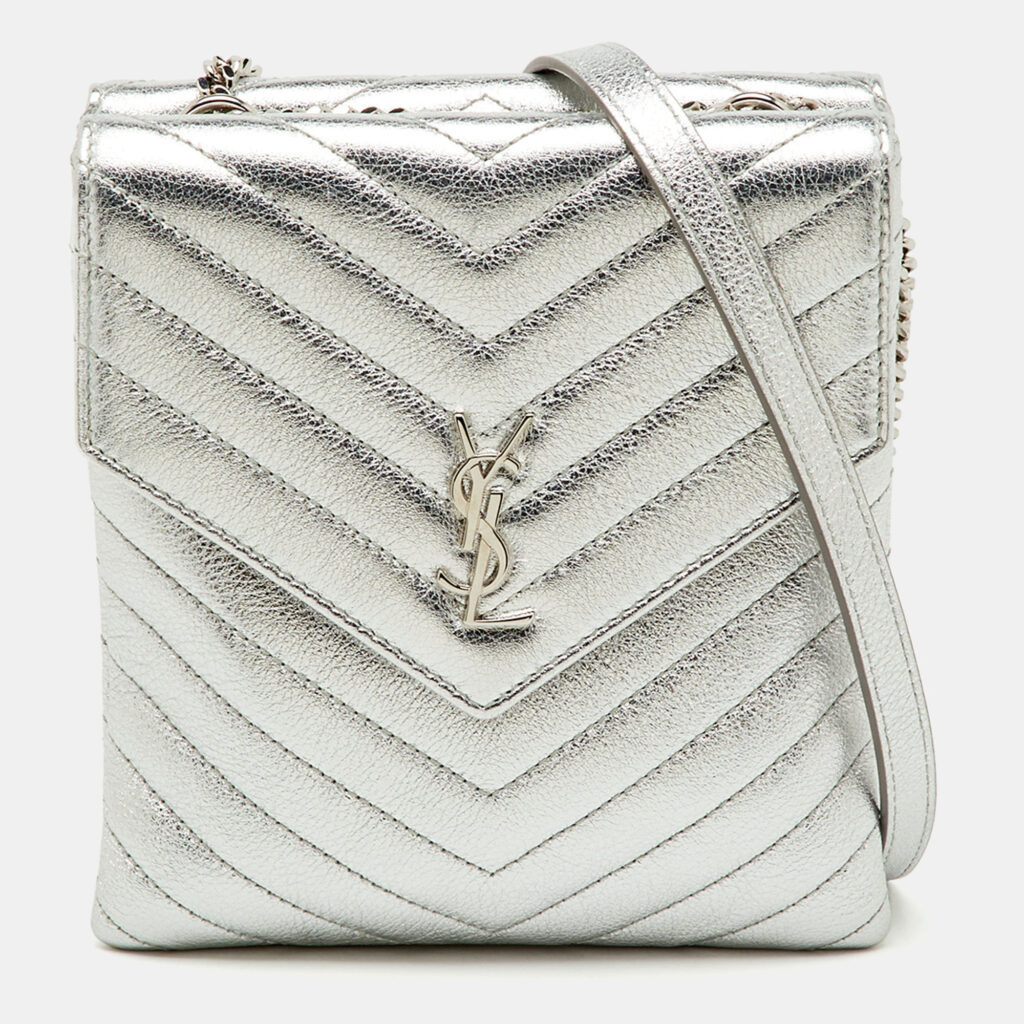 Saint Laurent Silver Leather Matelasse Double Flap Crossbody Bag