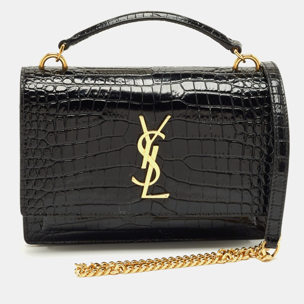 Saint Laurent Black Croc Embossed Leather Sunset Wallet on Chain Saint Laurent Black Croc Embossed Leather Sunset Wallet on Chain