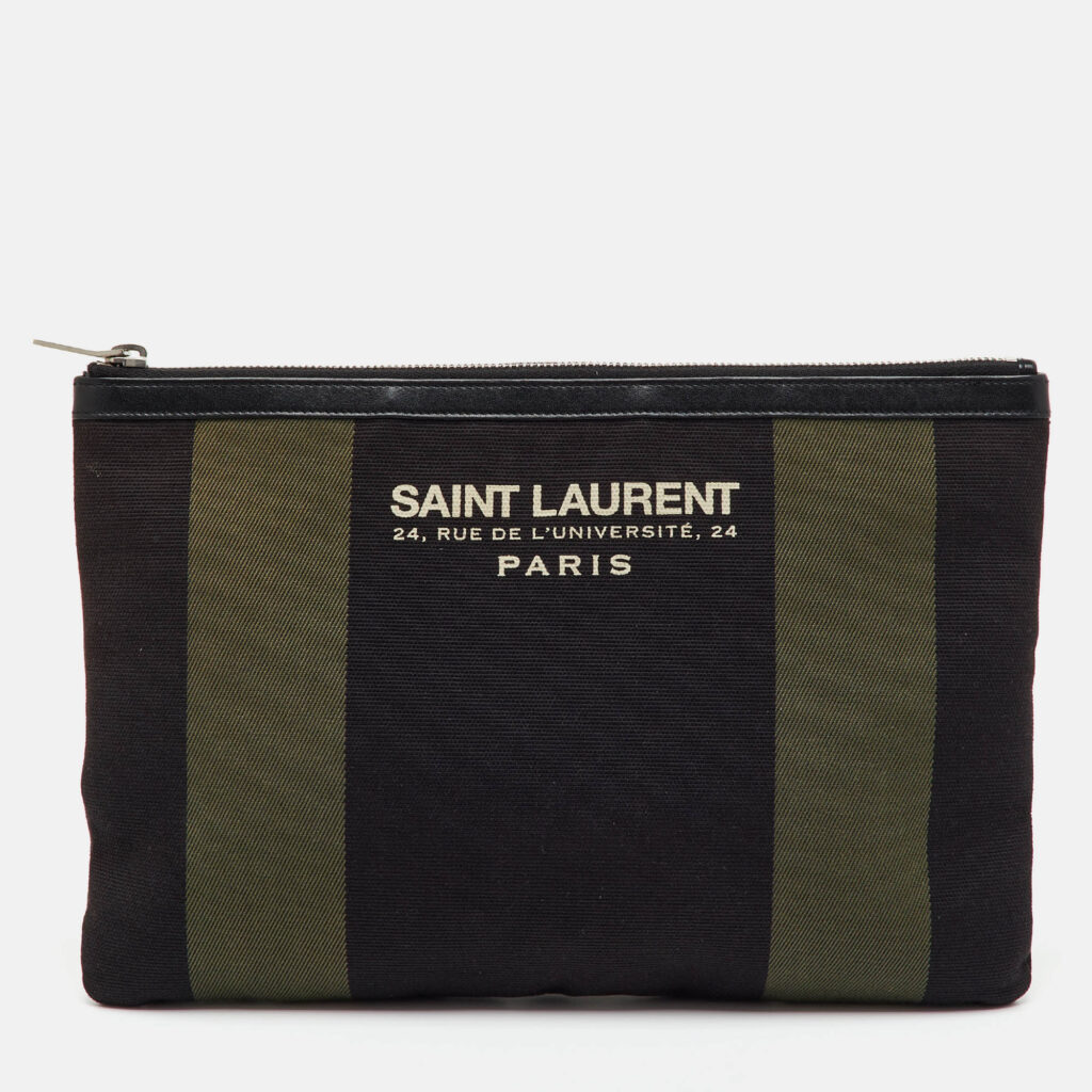 Saint Laurent Black/Khaki Stripe Canvas and Leather Zip Pouch Saint Laurent Black/Khaki Stripe Canvas and Leather Zip Pouch