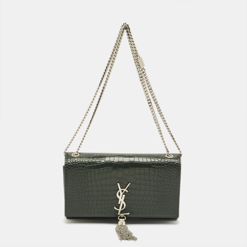 Saint Laurent Green Croc Leather Medium Kate Tassel Chain Shoulder Bag