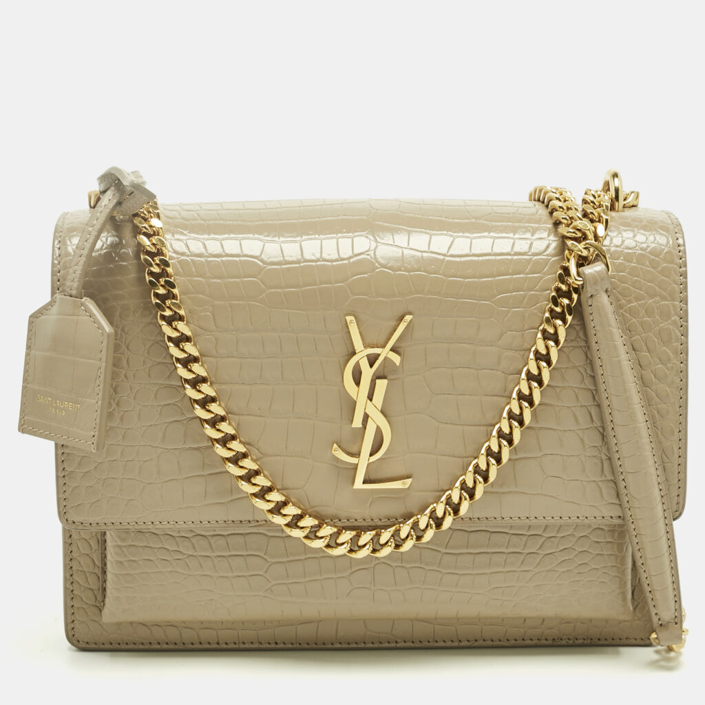 Saint Laurent Beige Croc Embossed Leather Medium Sunset Shoulder Bag Saint Laurent Beige Croc Embossed Leather Medium Sunset Shoulder Bag