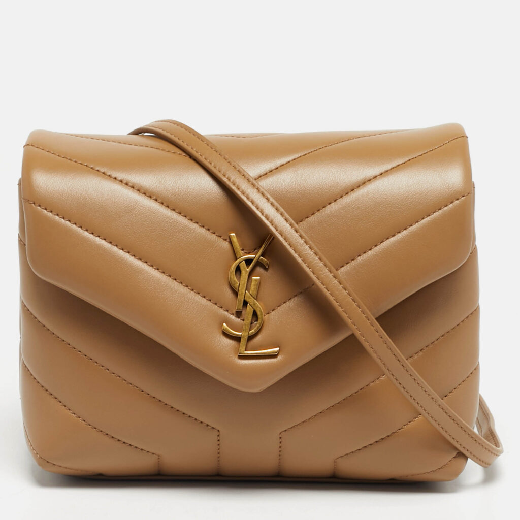 Saint Laurent Dark Beige Matelassé Leather Toy Loulou Crossbody Bag Saint Laurent Dark Beige Matelassé Leather Toy Loulou Crossbody Bag