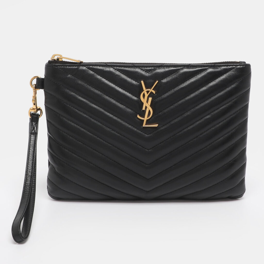 Saint Laurent Black Matelassé Leather Monogram Wristlet Pouch