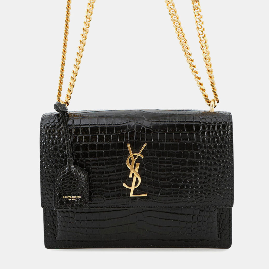 Saint Laurent Paris Sunset Chain shoulder Bag Black Croco Embossed Leather