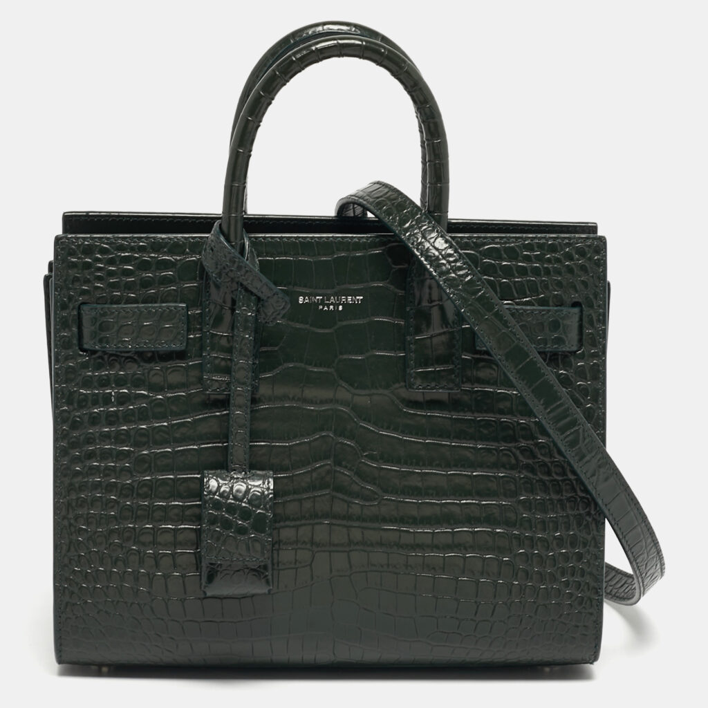 Saint Laurent Classic Sac De Jour Nano Dark Green Croc Embossed Leather Tote Saint Laurent Classic Sac De Jour Nano Dark Green Croc Embossed Leather Tote