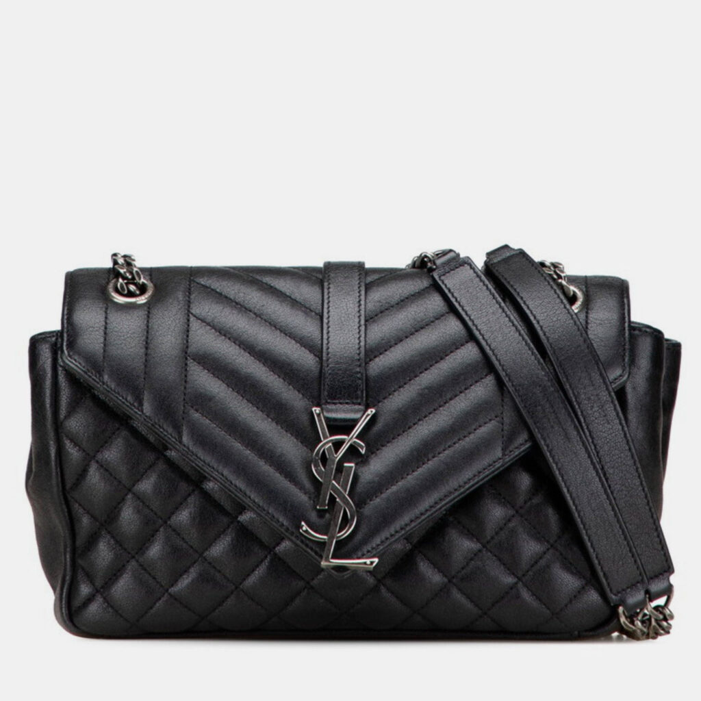 Saint Laurent Small Satchel With Ysl Logo Chain Shoulder Bag Black Leather