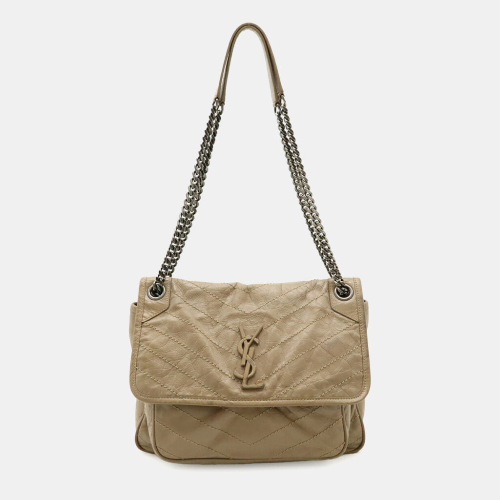 Saint Laurent Paris Ysl Niki Medium Chain Shoulder Bag With V-Stitching In Beige Leather Saint Laurent Paris Ysl Niki Medium Chain Shoulder Bag With V-Stitching In Beige Leather