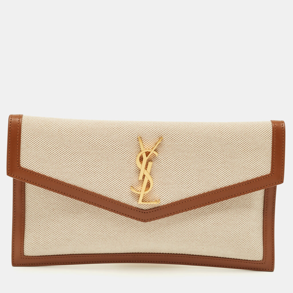 Saint Laurent Uptown Brown/natural Canvas and Leather Clutch