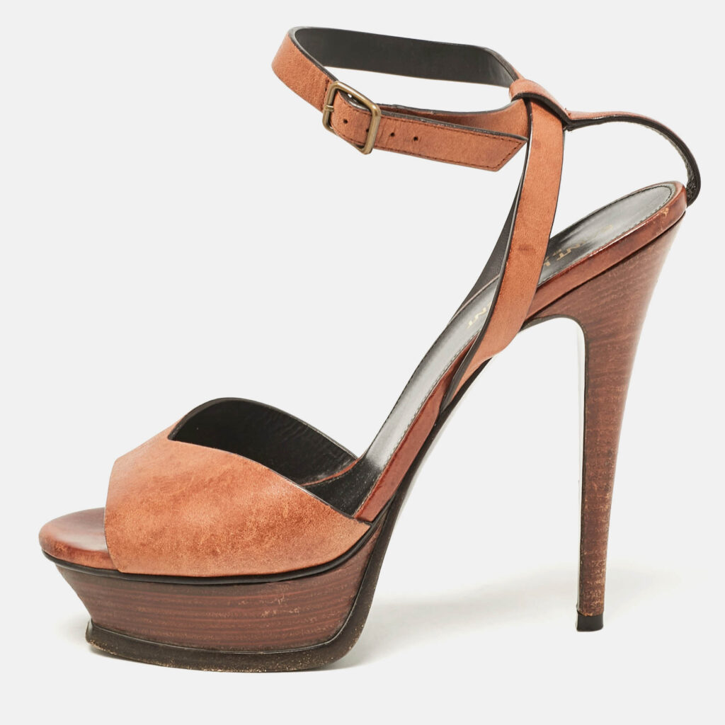 Saint Laurent Brown Leather Ankle Strap Sandals Size 38