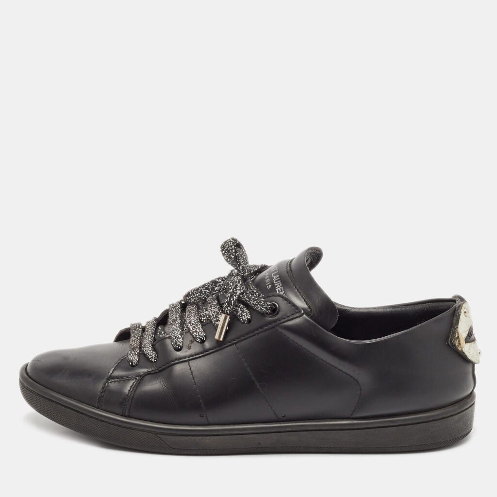 Saint Laurent Black Leather Ayers Signature Court Lips Sneakers Size 37