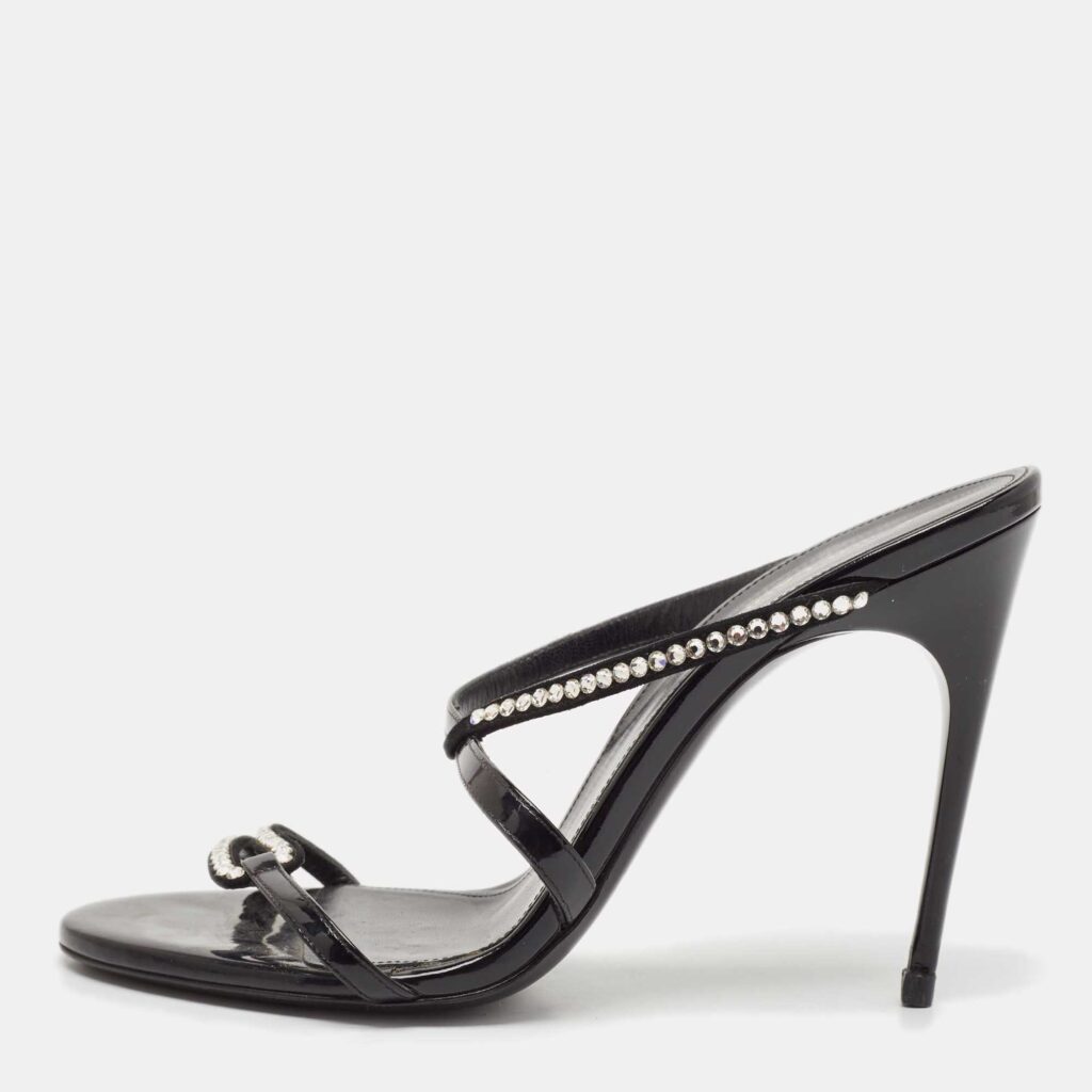 luxury-women-saint-laurent-paris-used-shoes-p1118211-003-1.jpg Saint Laurent Black Suede and Patent Leather Crystal Slide Sandals Size 37.5