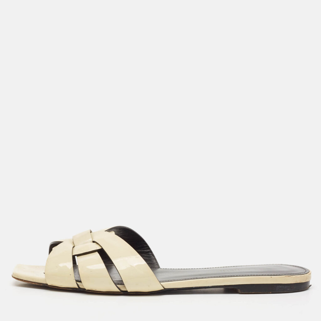 Saint Laurent cream Patent Leather Tribute Flat Slides Size 39.5 Saint Laurent cream Patent Leather Tribute Flat Slides Size 39.5