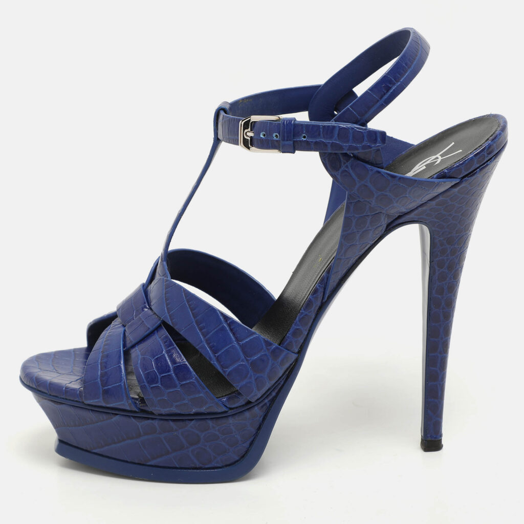 Saint Laurent Blue Croc Embossed Leather Tribute Platform Sandals Size 40