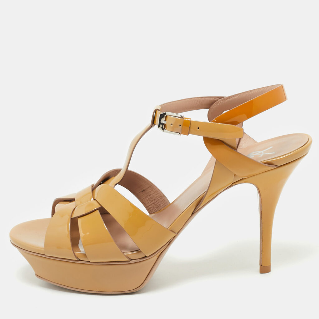 Saint Laurent Beige Patent Leather Tribute Platform Sandals Size 39.5 Saint Laurent Beige Patent Leather Tribute Platform Sandals Size 39.5
