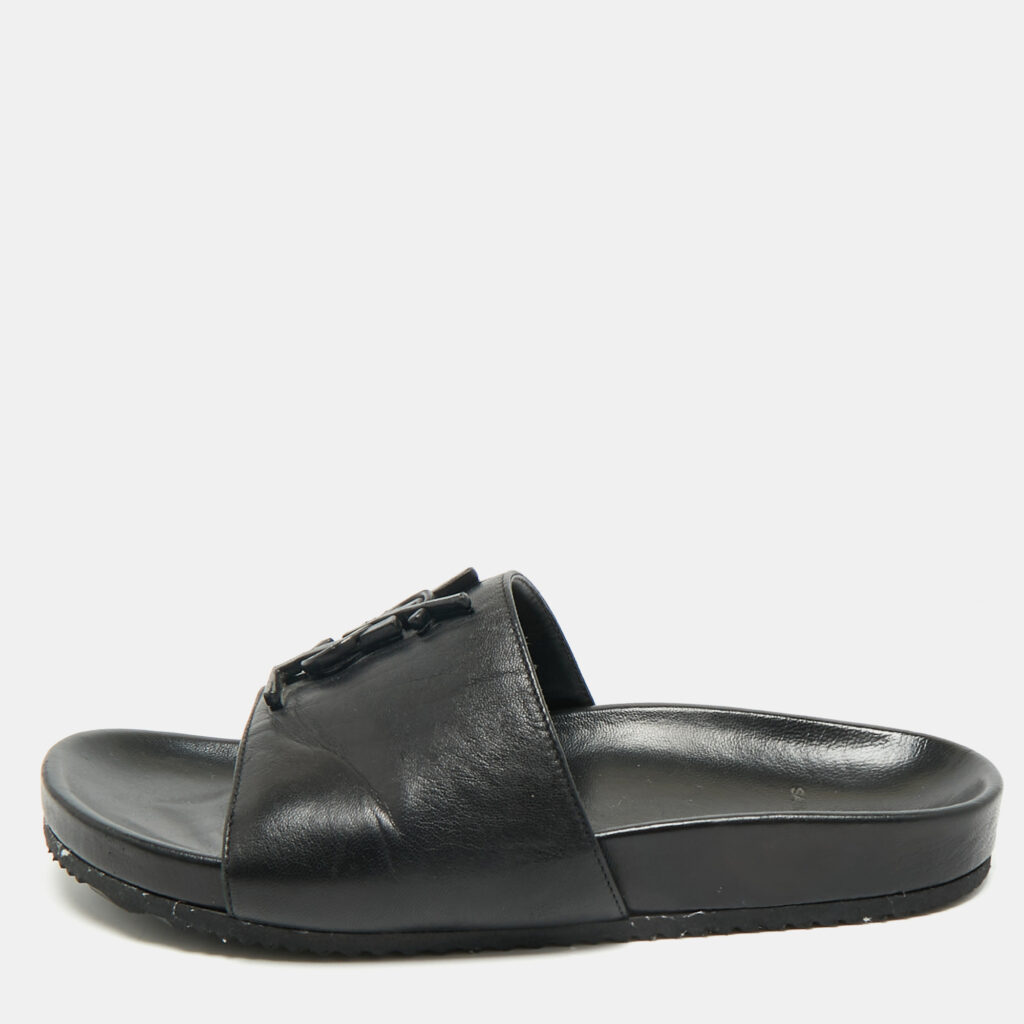 Saint Laurent Black Leather Joan Flat Slide Sandals Size 36.5