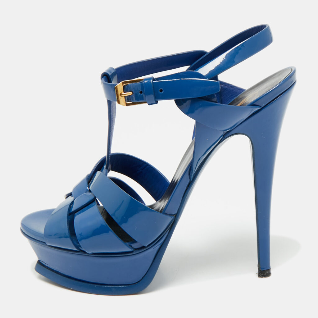 Saint Laurent Blue Patent Leather Tribute Platform Sandals Size 36.5 Saint Laurent Blue Patent Leather Tribute Platform Sandals Size 36.5