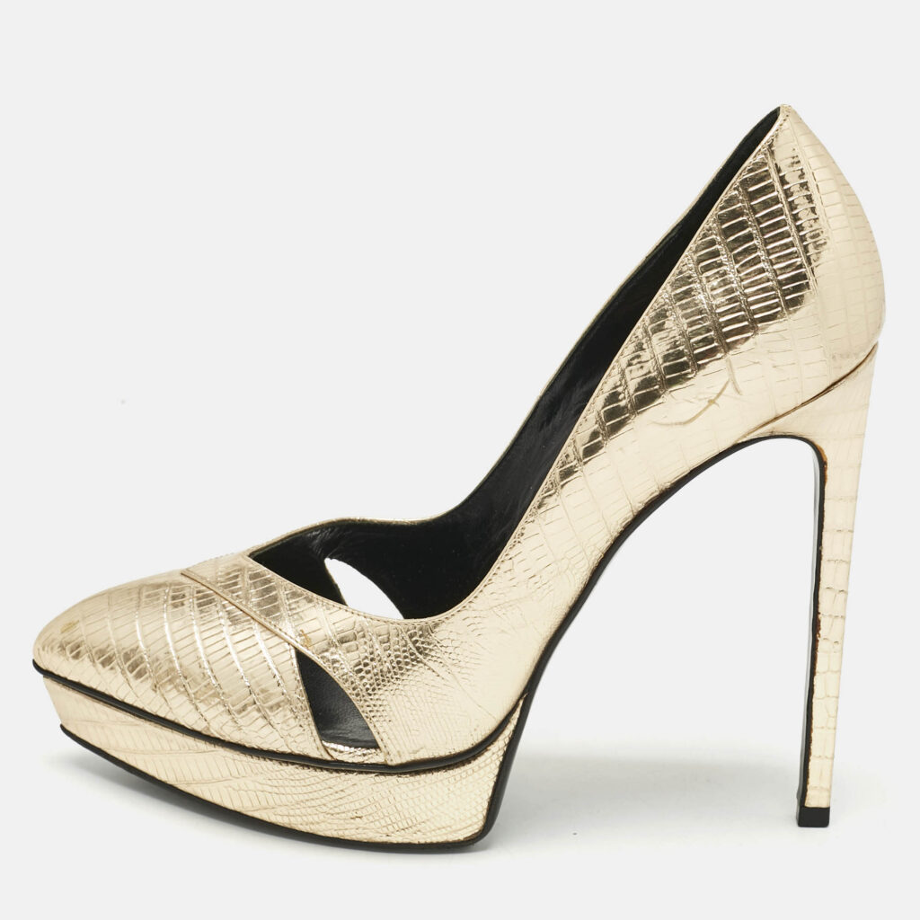 Saint Laurent Gold Lizard Embossed Leather Platform Pumps Size 38.5