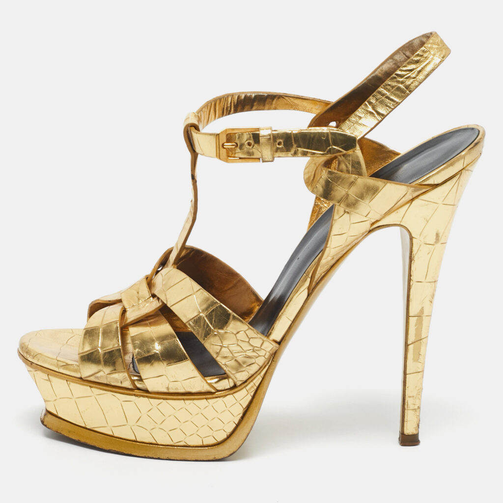 Saint Laurent Gold Croc Embossed Leather Tribute Platform Sandals Size 38 Saint Laurent Gold Croc Embossed Leather Tribute Platform Sandals Size 38