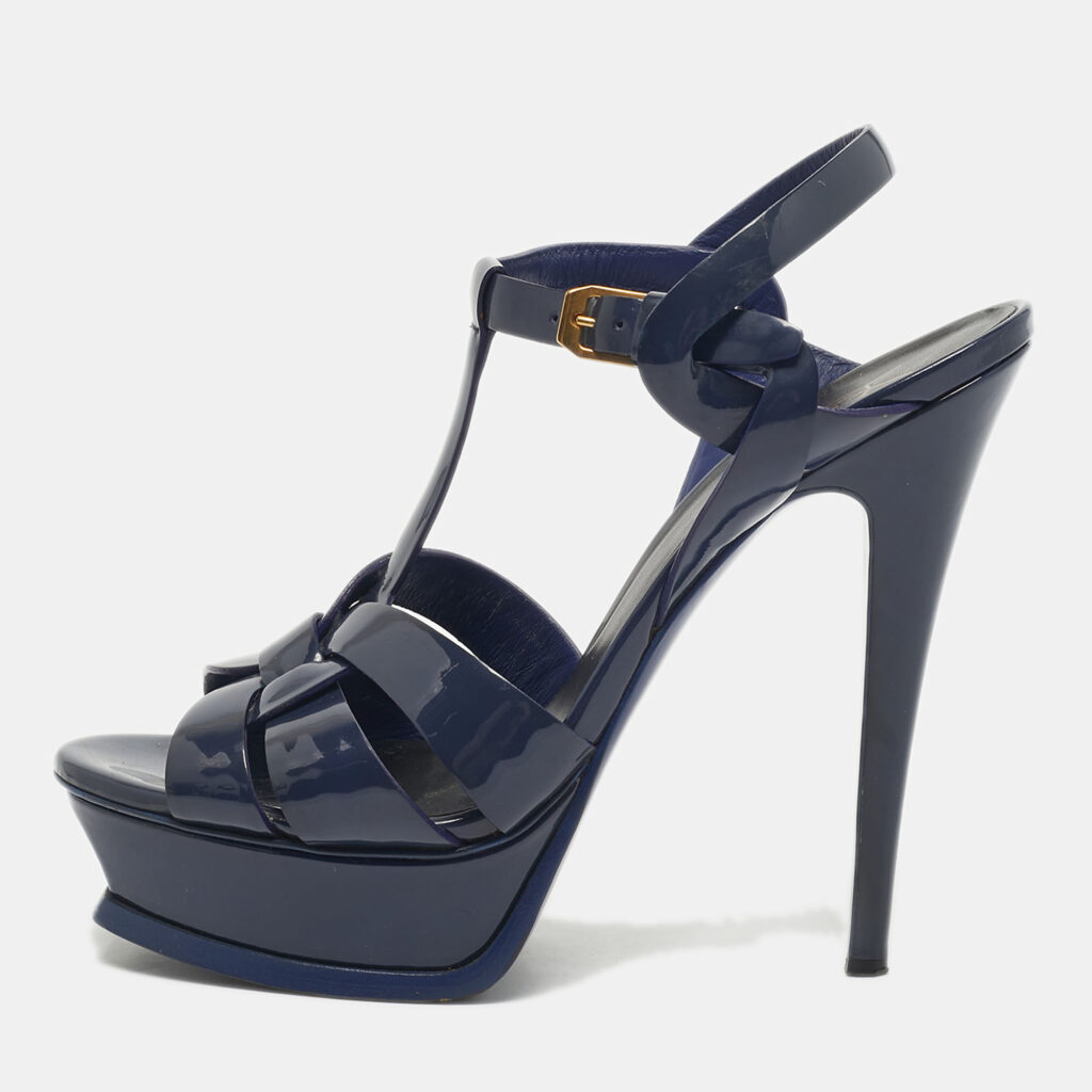 Saint Laurent Navy Blue Patent Leather Tribute Ankle Strap Sandals Size 38