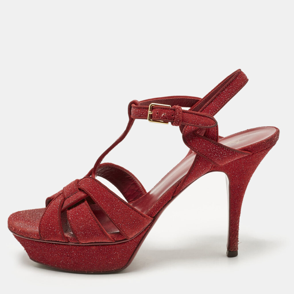 Saint Laurent Red Glitter Suede Tribute Platform Sandals Size 40 Saint Laurent Red Glitter Suede Tribute Platform Sandals Size 40