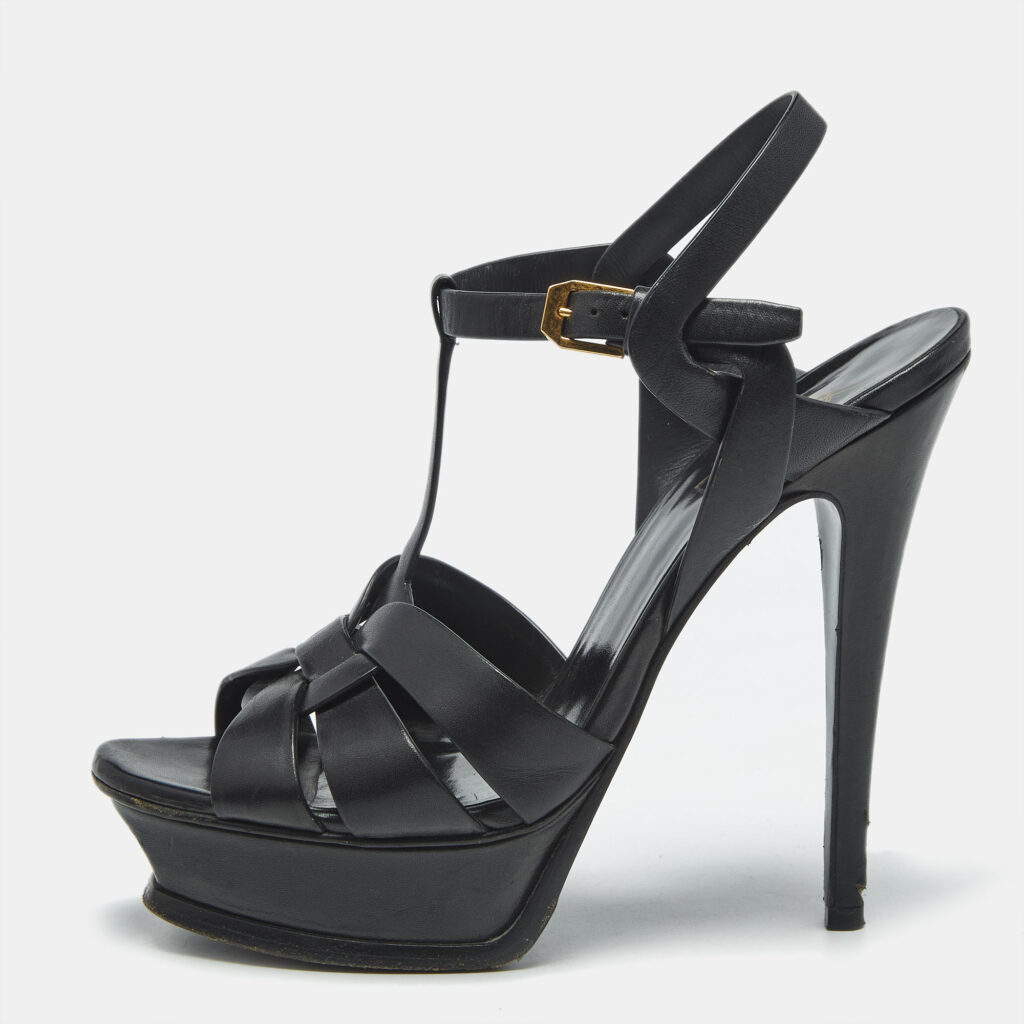 Saint Laurent Black Leather Tribute Platform Sandals Size 37.5