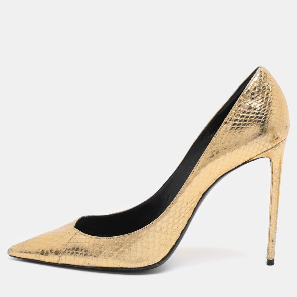 Saint Laurent Gold Python Embossed Leather Zoe Pointed Toe Pumps Size 42 Saint Laurent Gold Python Embossed Leather Zoe Pointed Toe Pumps Size 42