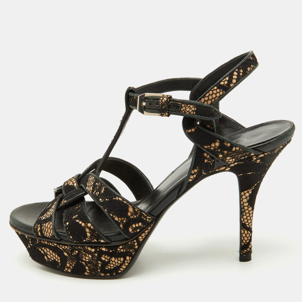 Saint Laurent Black/Beige Floral Lace and Leather Tribute Platform Sandals Size 36.5