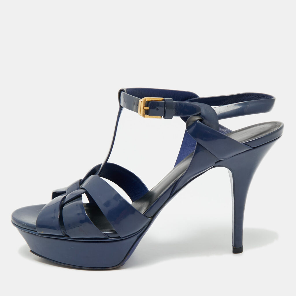Saint Laurent Navy Blue Patent Leather Tribute Platform Sandals Size 40 Saint Laurent Navy Blue Patent Leather Tribute Platform Sandals Size 40