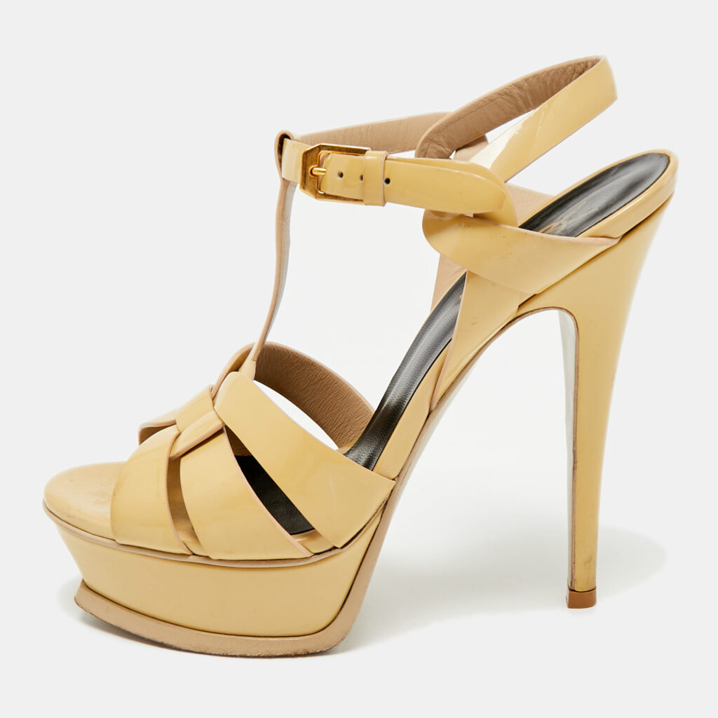 Saint Laurent Beige Patent Leather Platform Sandals Size 36 Saint Laurent Beige Patent Leather Platform Sandals Size 36